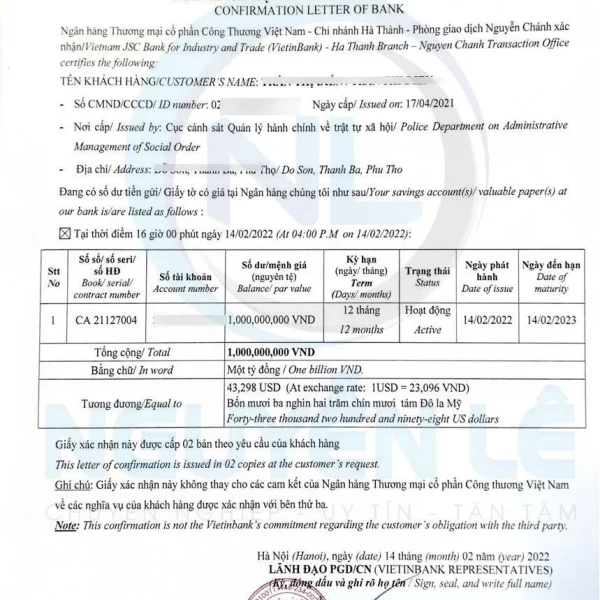 giấy xác nhận số dư ngân hàng Viettin Bank
