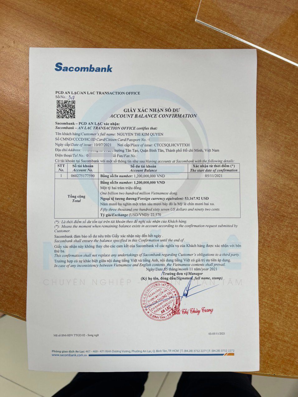 giấy xác nhận số dư Sacombank