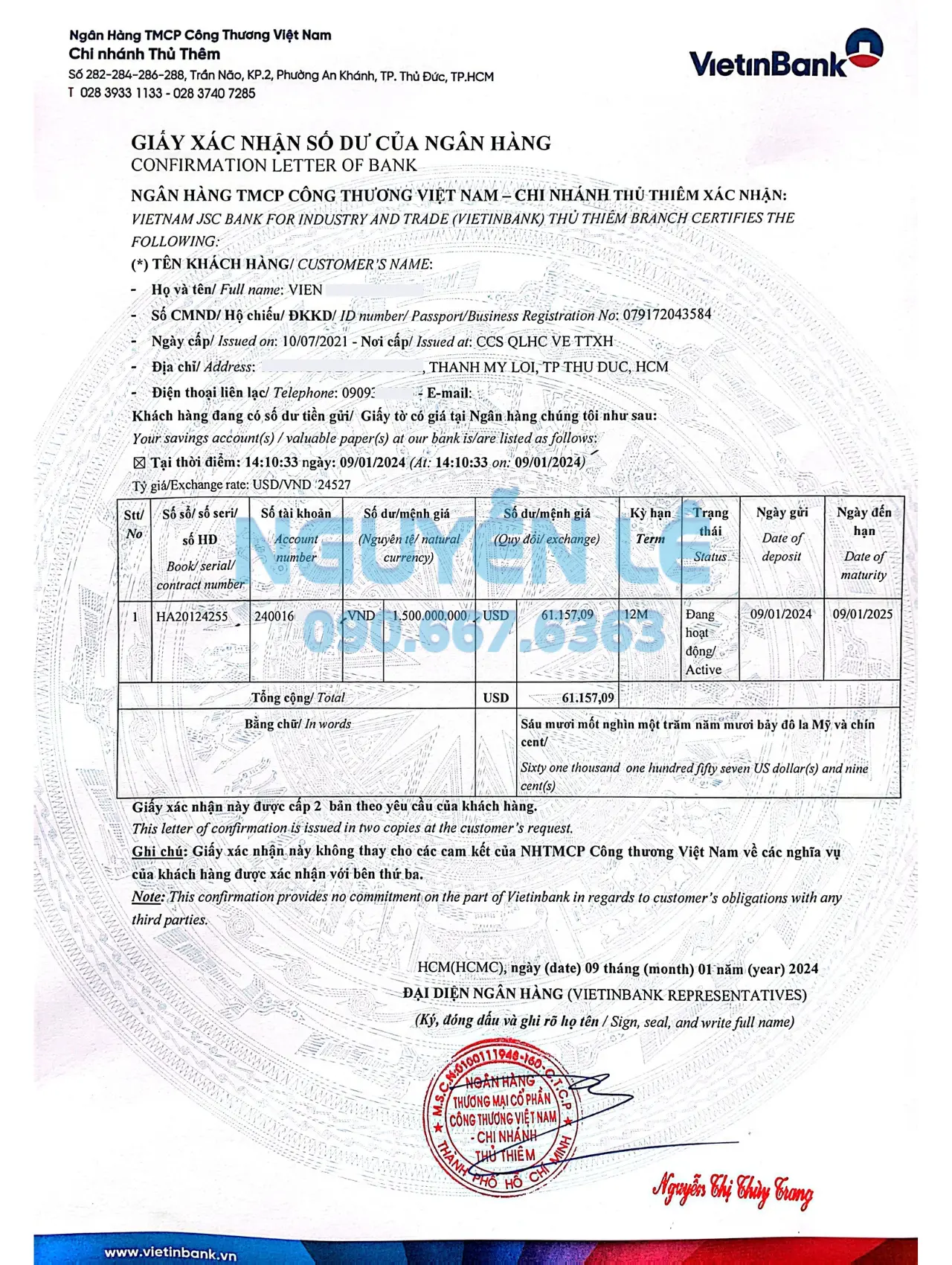 giấy xác nhận số dư của ngân hàng Vietinbank