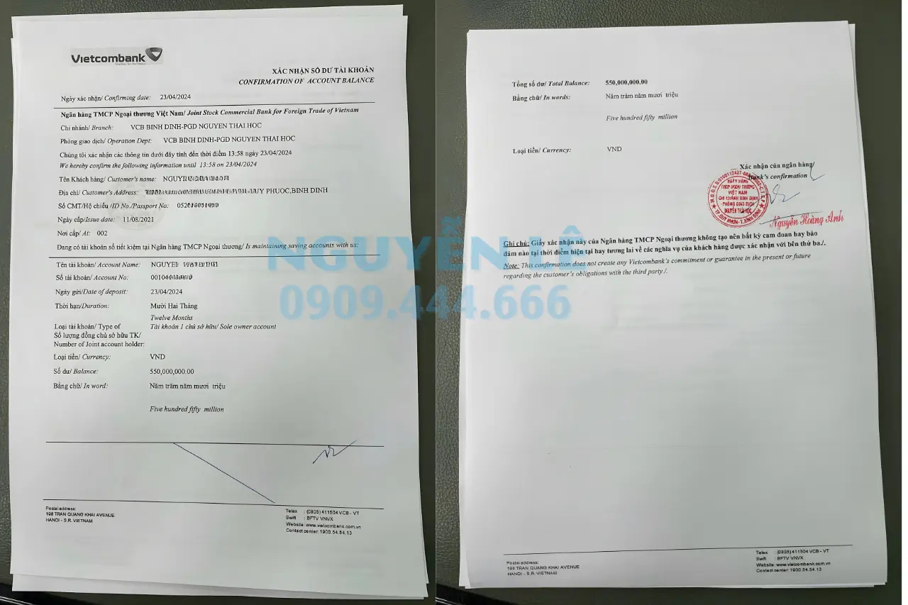 giấy xác nhận số dư tài khoản vietcombank