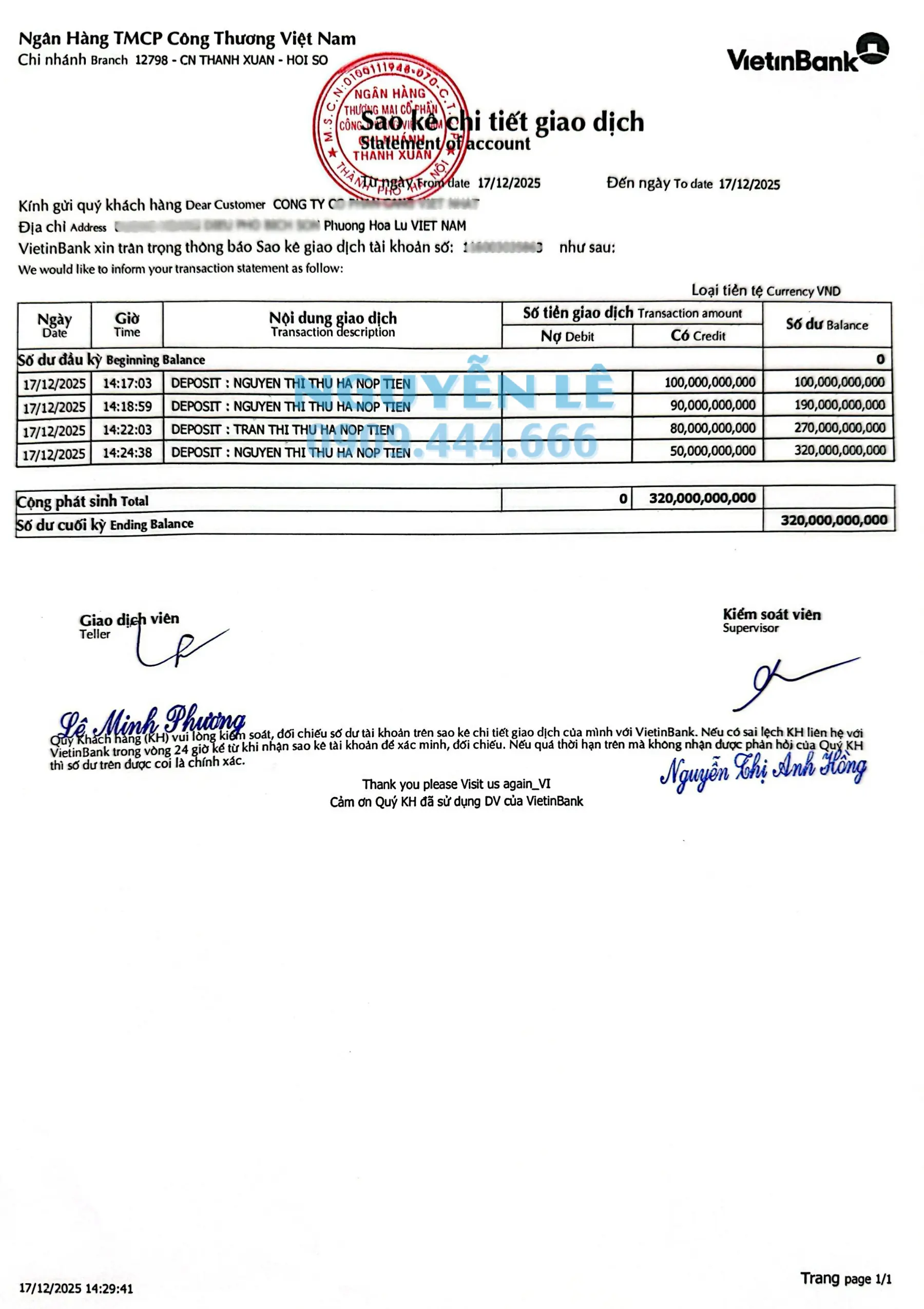 sao kê chi tiết giao dịch doanh nghiệp