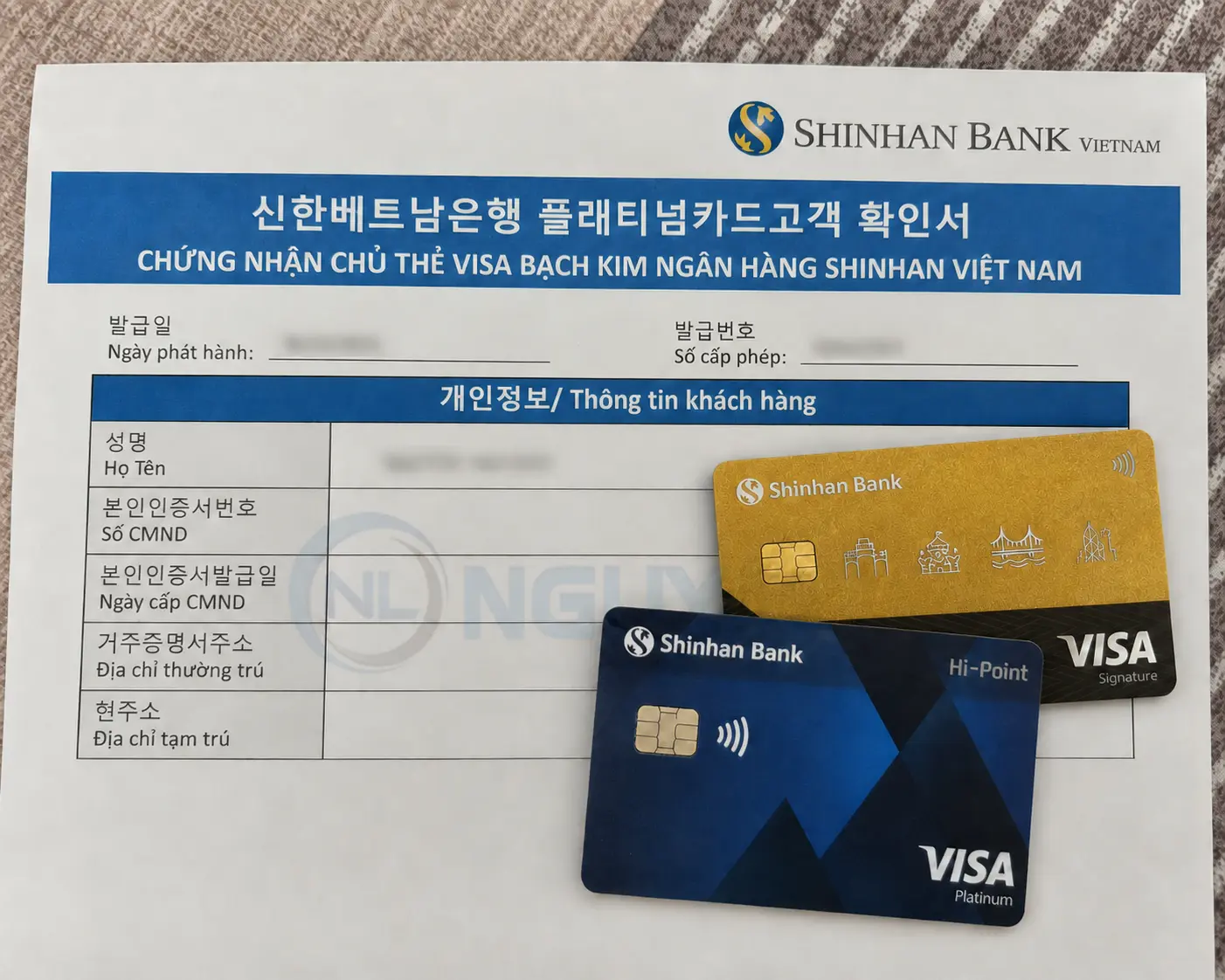 giấy xác nhận chủ thẻ Shinhan Platinum Visa